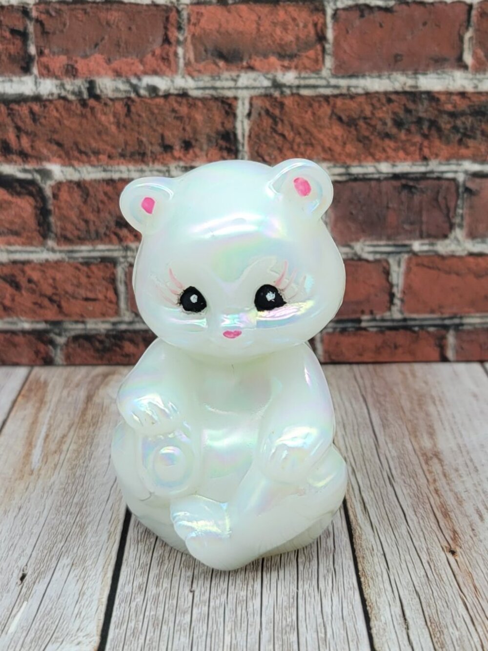 Fenton Glass Teddy Bear White Iridescent Pink Ears Figurine Paperweight